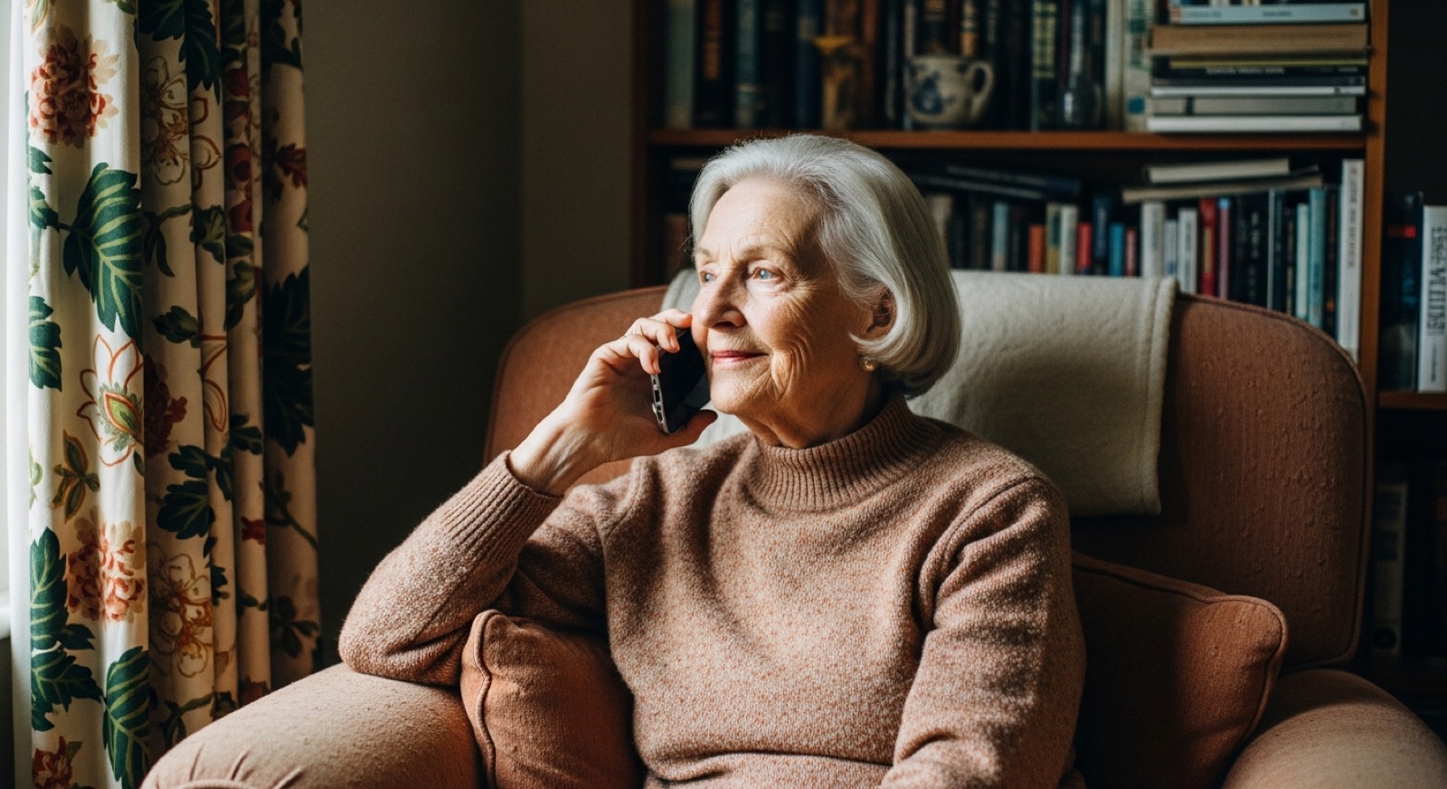 An older person on the phone, softly lit interior